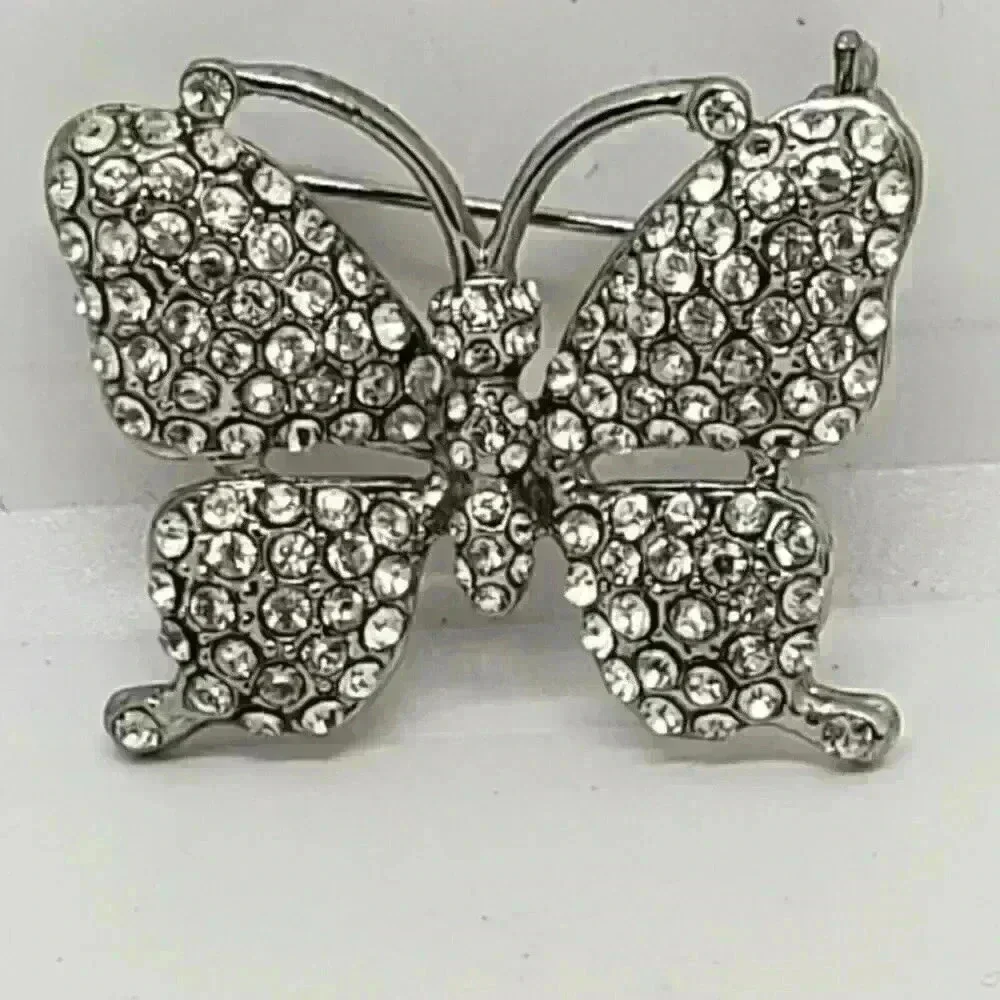 Vintage Silver & Clear Rhinestone Butterfly Brooch Boho Sparkle Gift
